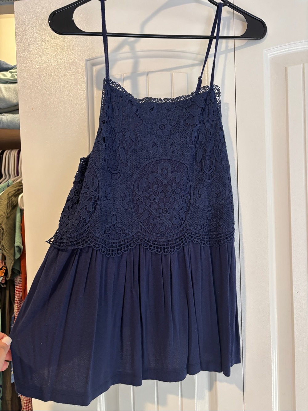 Lace-Trim Navy Spaghetti Strap Dress